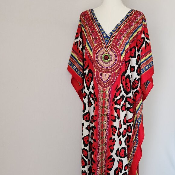 WINLAR Tribal Boho Satin Maxi Kaftan MuuMuu Dress Polyester Multicolor - Picture 2 of 8